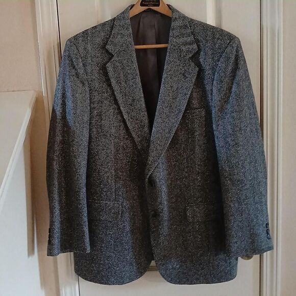 VTG Towncraft Gray Herringbone Tweed 100% Shetland Wool Single Breasted Blazer